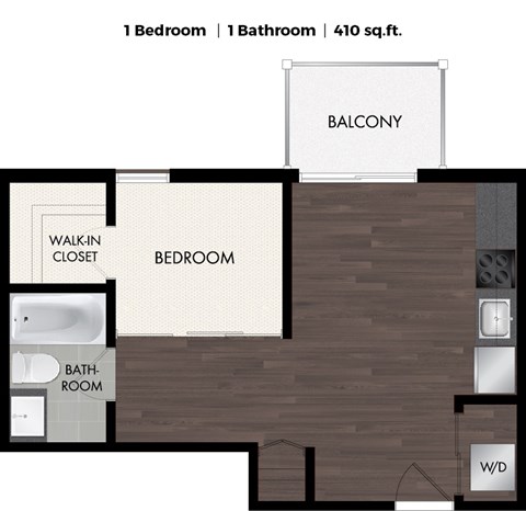 Floor plan for 1 bed, 1 bath, 411 sqft